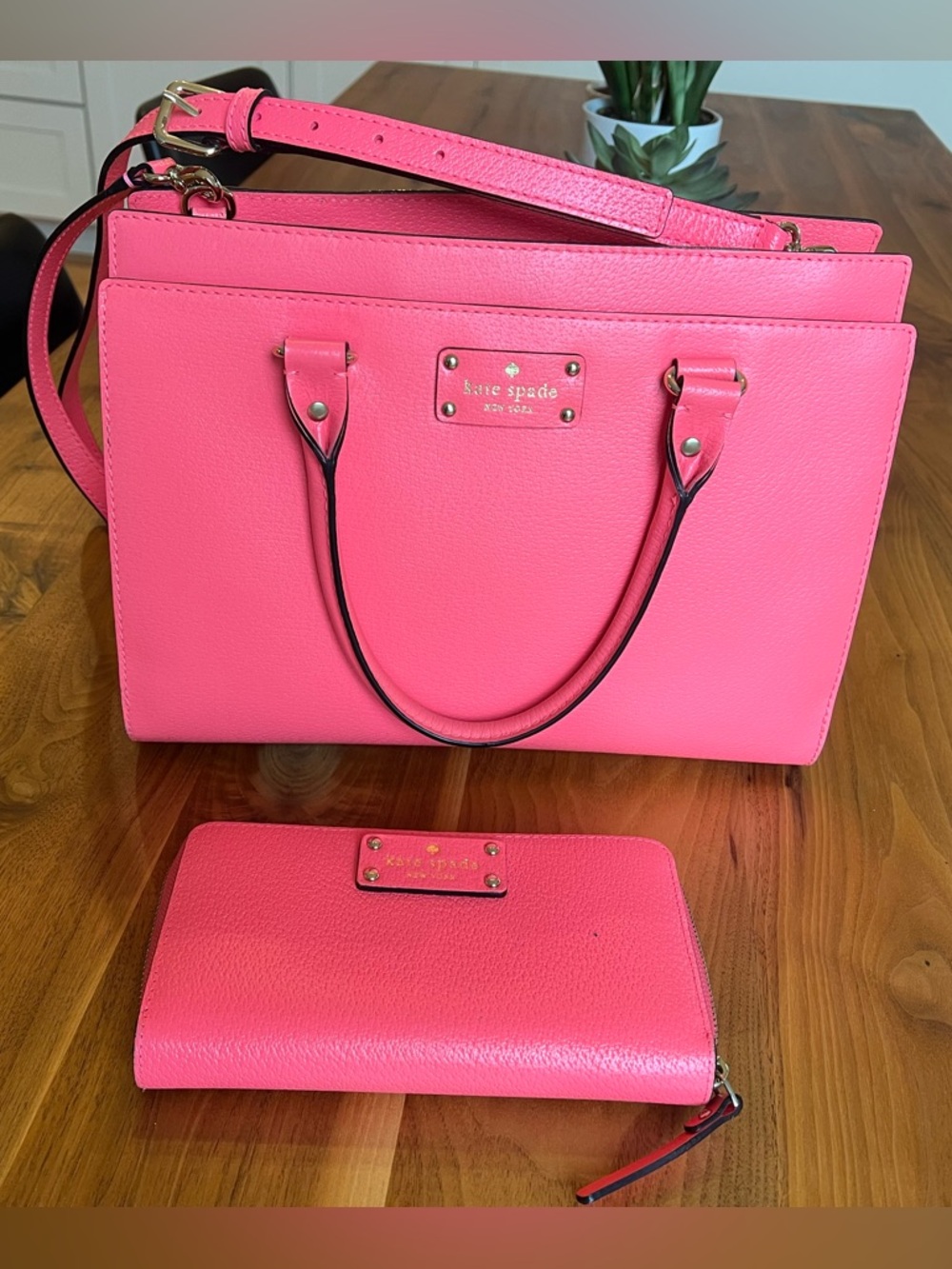 kate spade Bright Pink Leather Structured Top-Handle Satchel w/matching wallet